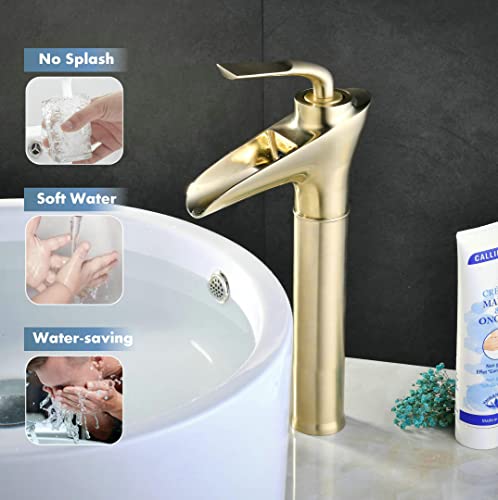 SHUNLI Brushed Gold Brass Waterfall Tall Sink Mixer Tap - Single Lever, Single Hole Bathroom Faucet - Image 4