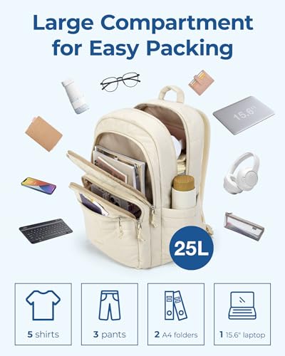 BAGSMART College Laptop Backpack, Travel Laptop Backpack for Women, Quilted Casual Daypack, Water-Resistant Bookbag for 15.6 Inch Laptop, Beige - Image 3