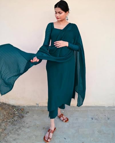 Image of Anveri Textiles Women's Cotton Blend Kurti with Square Neck Long Sleeves Solid Pattern A Line Style Ankle Length and Dupatta Set