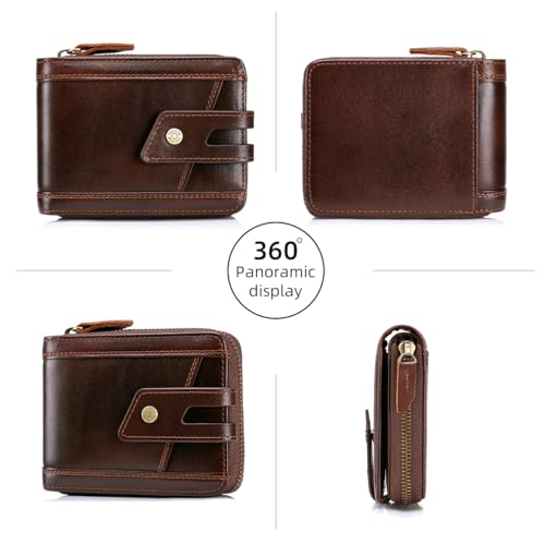 Image of Genuine Leather Wallets for Men with Zipper RFID Blocking Large Capacity Retro Mens Wallet with Coin Pocket ID Window, Brown