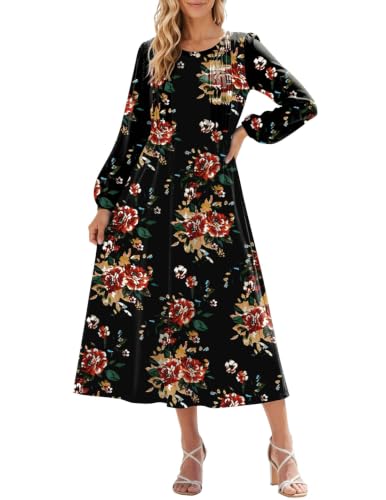Image of Zeagoo Fall Dresses for Women Long Sleeve Midi Dress Casual A Line Dresses 2026 Pleated Flare Dress with Pockets