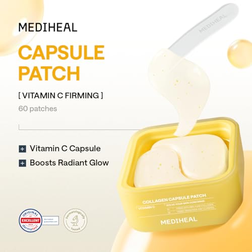 Image of MEDIHEAL Vitamin C Collagen Capsule Eye Patches (60 Count) Radiance & Glow | with Encapsulated Vitamin C | Puffy Eyes & Dark Circles | 70mm Wide Patch | 0.00 Irritating | Korean Hydrogel Under Eye Patch