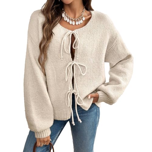 Women Casual Bow Tie Front Cardigan Sweater Solid Crew Neck Long Sleeve Self Tie Open Front Knit Sweater Top Fall