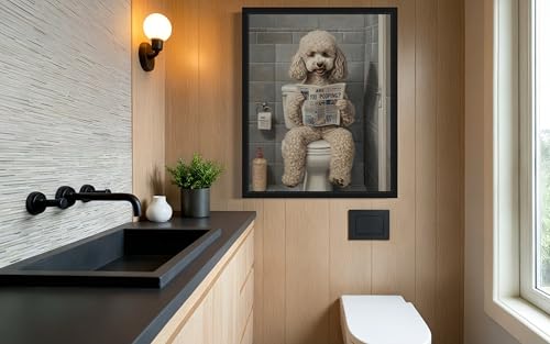 Image of Poodle White on Toilet Black Framed Wall Art Print Poster, Dog Bathroom Humor Decor Posters Prints for Restroom Home Picture Painting Artwork Gallery 7 (Poodle White, 10 inchL x 8 inchW, Black Frame)