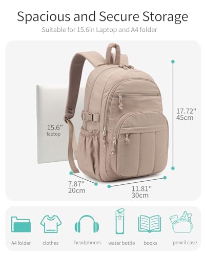 Image of Backpack for Women, Quilted Laptop Bookbag with Pouch Pockets for College Work Travel Gym Teacher Nurses, Puffer High School Backpack for Girls, Camel