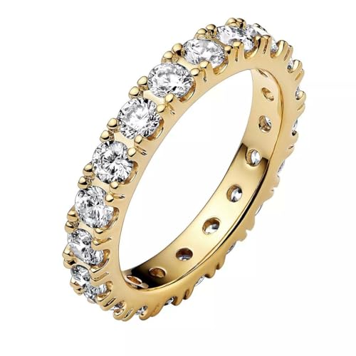 PANDORA Timeless Anello con fila di brillanti Eternity placcato in oro 14 k con zirconia cubica trasparente, 60
