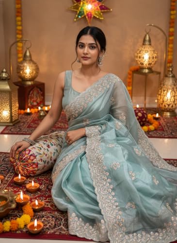 Image of Glory Sarees Women's Organza Chiffon Embroidery Work Scallop Border Saree With Blouse Piece (Chiffon101 Parent)