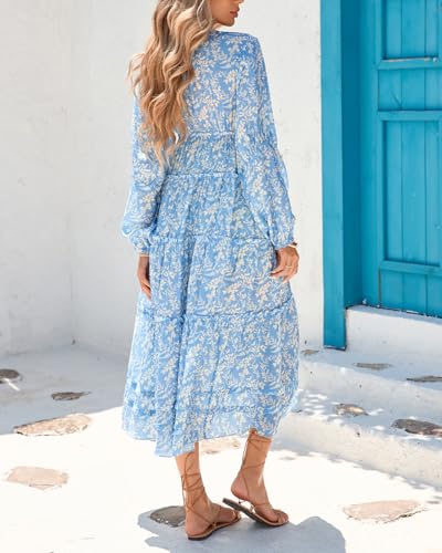 Image of Women's Boho Floral Midi Dress Long Sleeve V Neck Button Down Tie Dresses Summer Casual Loose Outfits Beach Cover Ups Blue