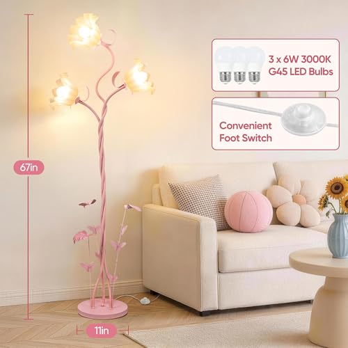 Image of TOBUSA Flower Floor Lamp for Bedroom, 3-Head Whimsical Pink Floor Lamp with Flexible Gooseneck, 67'' Tall Retro Floral Standing Lamp for Living Room, Modern Unique Cute Flower Corner Lamp for Girl