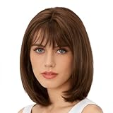Onpep Short Straight Bob Wigs with Air Bangs Honey Brown Wig for Women Shoulder Length Heat Resistant Fiber Hair Wigs