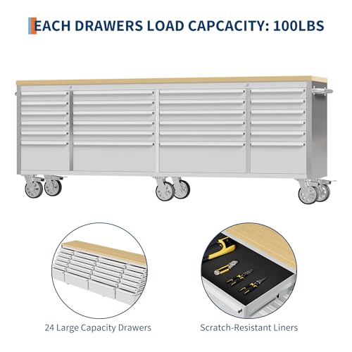 Image of PeakPursuit 96 inch Rolling Tool Chest with 24 Drawers, Solid Rubber Wood Workbench Top, Locking Wheels & Key Lock, Mobile Garage Storage Cabinet for Workshop Organization, Silver
