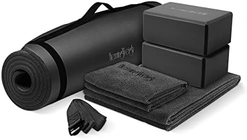 HemingWeigh Yoga Mat Thick, Yoga Kit for Home Workouts, 1/2 Inch Thick Yoga Mat for Women, Men, Non Slip Yoga Mat with Yoga Foam Blocks, Yoga Strap, 2 Microfiber Towels, Beginner Friendly, Black