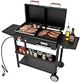 Bestfire Dual Fuel Gas & Charcoal Grill Combo, 12,000 BTU Propane Burner, Black BBQ Grill with Flat Top Griddle, Dual Lids, Side Shelves & Storage Rack for Outdoor Backyard Cooking
