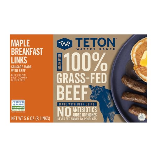 Teton Waters Ranch Maple Breakfast Sausage Links, 100% Grass-Fed Beef, Fully Cooked, Frozen, No Nitrites or Nitrates Added, Gluten Free, Certified Humane - 5.6 oz