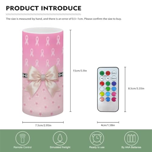 Image of Poceacles Flameless Candle Battery Powered with Remote Control Breast Cancer Awareness LED Night Lights Pillar Candle Tealights Home Indoor Decor, Pink Ribbon Bow Cherry Blossom Print