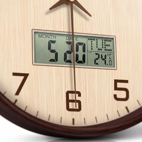 Image of ginoya brothers 12 Inch Silent Non-Ticking Silent Wall Clock, Modern Round Analog & Digital Display (Temp /Calendar) Decorative Clock, Easy to Read for Home, Living Room, Office (Cream-Brown Digital)