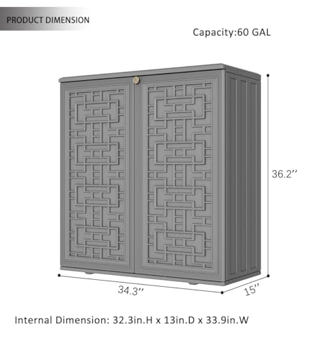 Image of KINYING Outdoor Storage Cabinet Waterproof, Resin 62 Gallon Deck Box for Patio Furniture Cushions, Garden Tools, Pool Tools and Kids' Toys (Grey with 1 Shelving)
