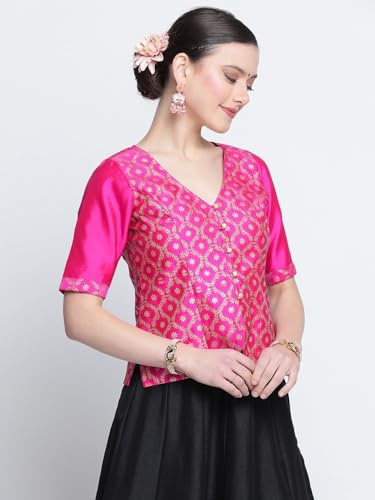 Image of studio rasa Women's Silk Blend Block Printed Button Down Readymade Top for Wedding Festive Party
