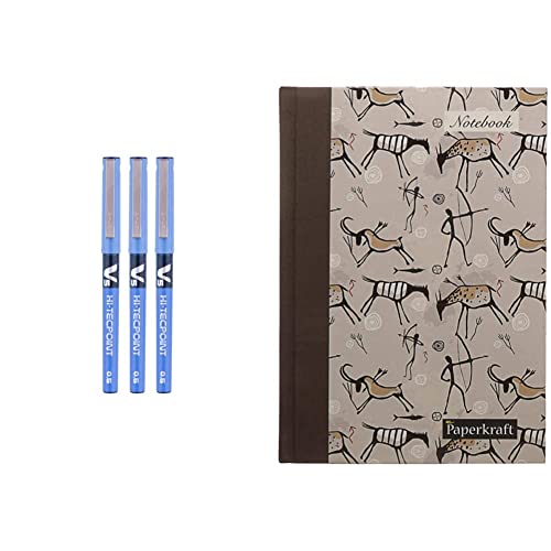 Image of Pilot V5 Liquid Ink Roller Ball Pen -Blue(Pack Of 3) & Paperkraft Signature Notebook - 148 Mm X 216 Mm, Hard Cover, 224 Pages, Single Line (Cover Pattern M