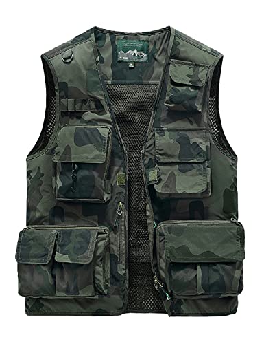 Vanchenl Herren Freizeit Safari Angeln Outdoor Arbeit Weste Jacke Foto Reise Cargo Mesh Weste Multi Taschen Tarnfarbe Armeegrün S