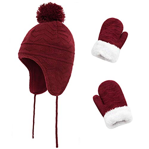 Image of Kids Winter Beanie Hat Mittens Set Warm Fleece Hat Baby Toddler Knitted Hat & Gloves for Boys, Girls