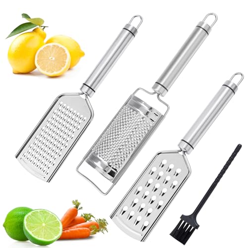 Zester Reibe Set, 3 Stück Käsereibe Küchenreibe Reibe aus Edelstahl Feine & Grob, Zitronenreibe mit Reinigungsbürste für Knoblauch Schokolade Nüssen, Spülmaschinenfest