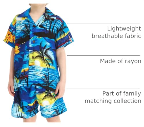 Image of Hawaii Hangover Family Matching Hawaiian Clothes, Sunset Blue | Family matching Hawaiian outfits, Sunset Blue, lightweight rayon, machine washable, tropical print, luaus, cruises