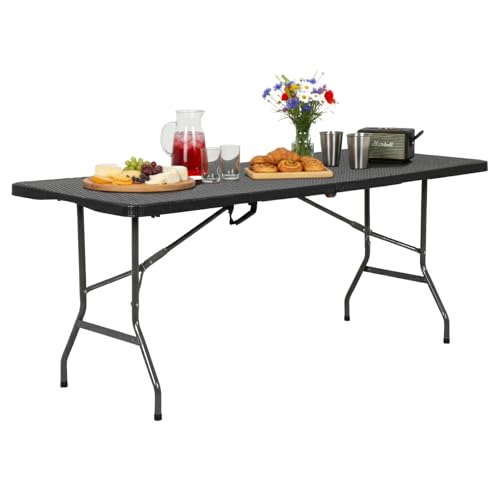 Image of FDW 6FT Folding Table, Portable Fold-in-Half Plastic Picnic Party Table with Carrying Handle (Black Ratten, 6FT)