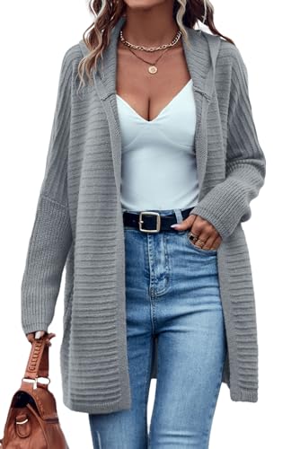 Women's Stylish Gray Horizontal Rib Knitted Open Front Hooded Cardigan
