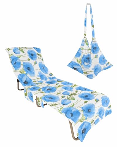 Floral Blue, Beach Lounge Chair Towel Cover, Soft Chaise Lounge Towel with Side Pockets Patio Pool Chairs Cover for Beach/Pool Sunbathing 29x85 Watercolor Green Leaf Modern White Spring Summer