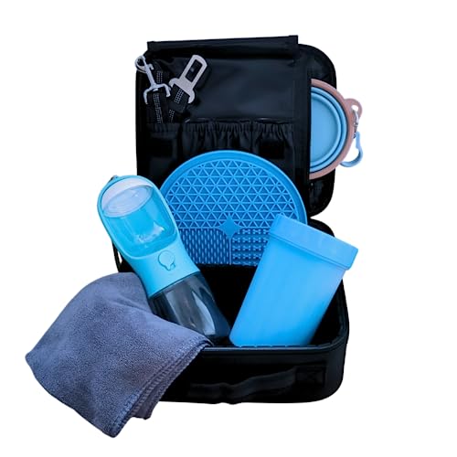 Hunde Welpen Erstausstattung Set mit Hundetrinkflasche für unterwegs, Leckmatte Hund, faltbarer Hundenapf, Hundegurt fürs Auto, Hundehandtuch extra saugfähig, Pfotenreiniger für Hunde [25x23x10 cm]