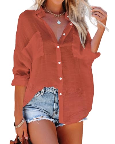 Image of Bsubseach Women Button Down Beach Shirt Long Sleeve Swimsuit Cover Up | Bathing Suit CoverUps Basic Lightweight Staple, Roll-Up Adjustable Sleeves, Drop Shoulder Oversized Blouse for Vacation