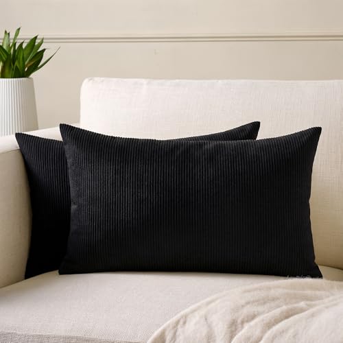Image of Encasa XO Corduroy Cushion Covers, No Inserts, Set of 2, Black