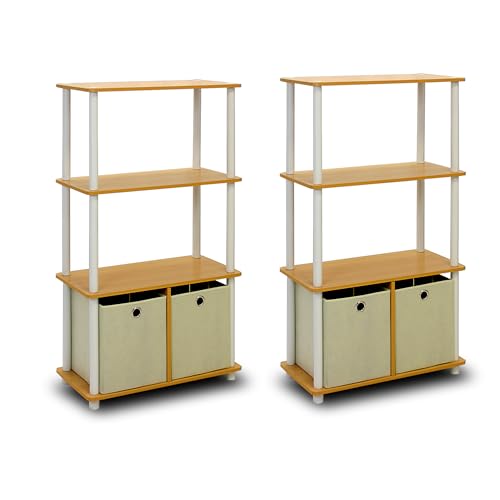 Image of Furinno Go Green 4-Tier Multipurpose Storage Rack Shelving Unit with Bins (Set of 2), Beech