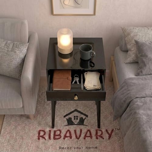 Image of Modern Bedside Table Nightstand with Solid Wood Legs, Practical End Side Table with Drawer Storage for Small Spaces Wooden Bedside Table, Coffee Table, Living Room /Bedroom (Black)