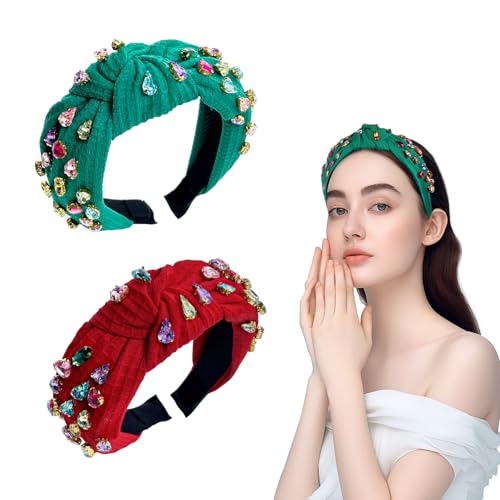 2 diademas de Navidad para mujer, diadema anudada para mujer, colorida diadema de diamantes de imitación brillantes, diadema de moda, bonita diadema ancha para el día de la madre, Navidad, regalo de