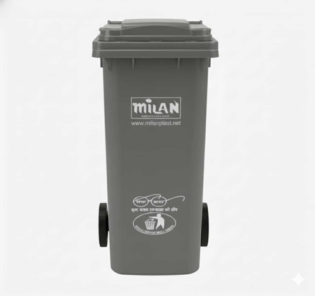 Milan Plastic Manual-Lift Garbage Waste Dustbin with Wheels 240 Ltr Grey-image-11