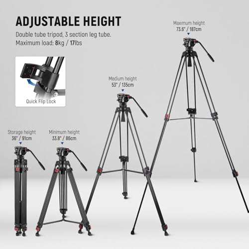 Image of NEEWER 74 inch Video Tripod with Fluid Head & Damping Control, Aluminum Heavy Duty Camera Stand Professional with QR Plate for DSLR Camcorders for Video Recording, Cleaning Cloth, Max Load 17.6 lbs, TP74
