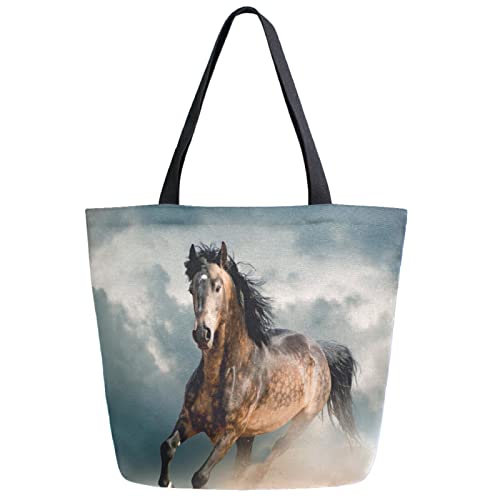 Running Horse in Dust Extra Large Canvas Shoulder Tote Top Handle Storage Bag for School Gym Weekender Beach Travel Reusable Gro