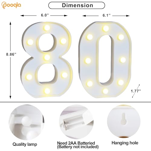Image of Pooqla 80th Birthday Decorations for Women Men, Decorative Marquee Numbers with Remote, Light Up 80 Sign for Party Backdrop 80th Wedding Anniversary Decor, Warm White and Cool White Number 80