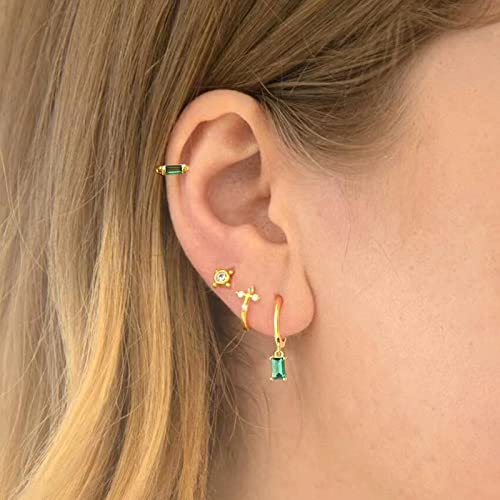 Gold Hoop Earrings With Green Drop, Huggie Hoops For Women & Men - 14K Gold, Hypoallergenic - 2PCS4