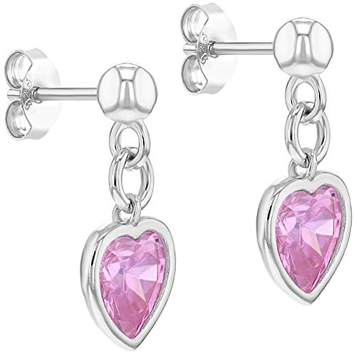 925 Sterling Silver Pink Cubic Zirconia Heart Ball Stud Dangle Earrings For Girls & Preteens- Delicate Safety Back Stud Earrings For Toddlers, Little Girls & Preteens #TOP1