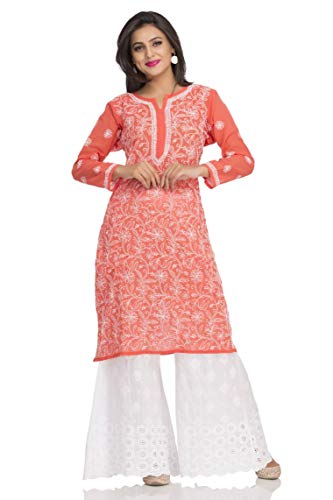 Image of Ada Lucknow Chikankari Hand Embroidered Faux Georgette Kurta Kurti Tunic Dress for Women A95504
