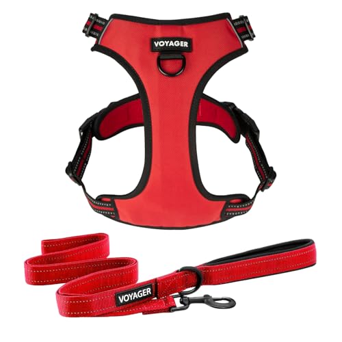 Image of Voyager Dog Harness Dual Leash Attachment No-Pull Control Adjustable Soft but Strong Pet Harness for Medium and Large Dogs with 3M Reflective Technology, Leash Set Red Nylon, S (Chest: 16-20 inch)