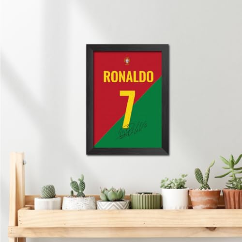 Image of TenorArts Cristiano Ronaldo Poster Frame Portugal Jersey Laminated Photo Print Signature Framed Painting with Matt Finish Black Texture (12 inches x 9inches)
