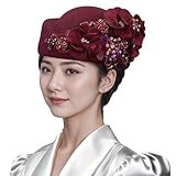 Chapeau béret vintage en feutre pour femme, décoré de fleurs brodées à la main et de strass incrustés.