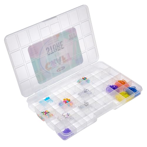 Image of RoseArt Transparent 32 Grid Plastic Storage Box with Fixed Dividers - Organization Container for Loose Beads, Washi Tapes, Jewelry Supplies, Fishing Tackle and More - Made in U.S.A.