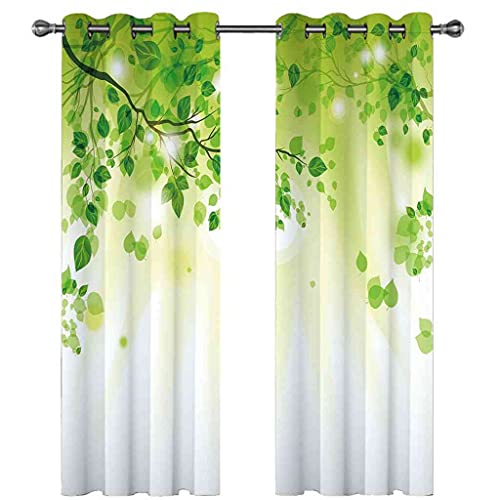 PVMLVM Schlafzimmer Vorhang Polyester 2 Stück Ösenvorhang Blickdicht Vorhänge Landschaft Mit Grünen Blättern Gardinen 3D Druck Verdunkelung Vorhänge Für Kinderzimmer Wohnzimmer Fenster 170x200cm Cover