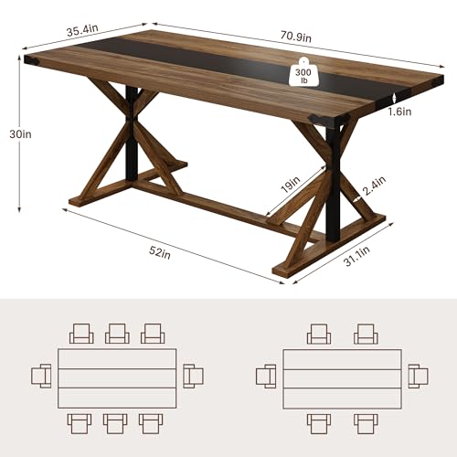 Hlivelood 71 Inch Dining Table for 6 People, Rectangular Kitchen Farmhouse Table W/Thickness Waterproof Wood Tabletop,Long Dining Room Tables W/Wood Strip Base for Kitchen Living Room Oak