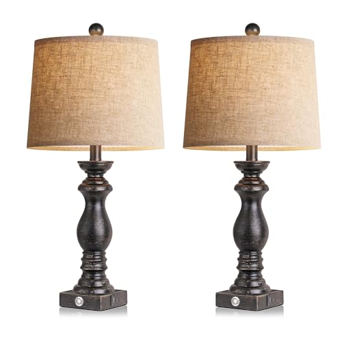 Image of 24.5 inch Table Lamp Set of 2, Rustic Farmhouse Bedside Lamps with USB A+C Charging Ports, 3-Way Dimmable Touch Control Nightstand Lamps for Living Room Bedroom, Antique Black, LED Bulbs Included
